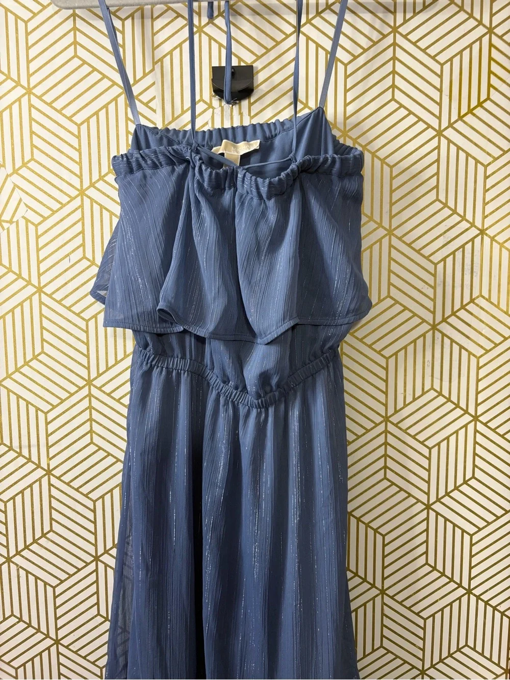 Michael Kors Slate Blue Metallic-Striped Maxi strapless Dress XS